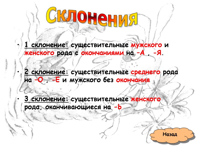 1 склонение: существительные мужского и женского рода с окончаниями на –А , -Я. 